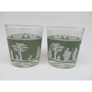 Jeanette Hellenic Grecian Green Set Of 2 Old Fashion 8 oz Glasses VGC